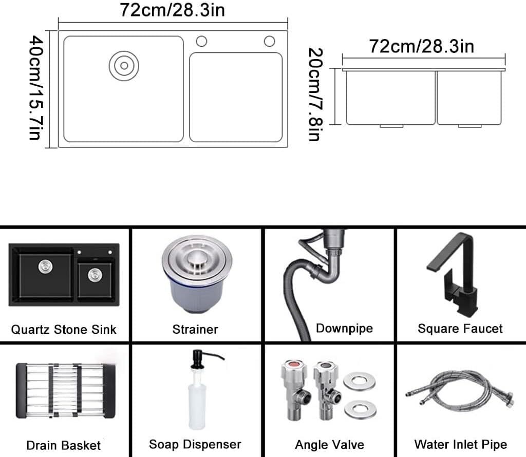 Quartz Stone Kitchen Bar Sink with Faucet - Double Bowl Prep Sink, Drop-in or Undermount Installation, Easy to Clean, Black Square Design,Black~b-72x40cm