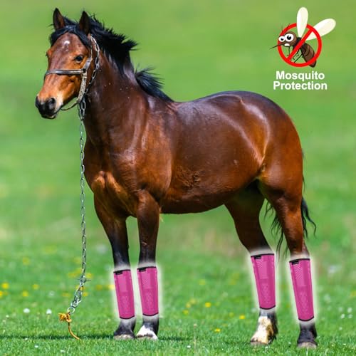Image of FOXLVDA Pony Fly Boots (Donkey /Mini Horse), Set of 4 - Loose Fitting Design, Breathable, Adjustable & UV Protective with Support Bars for Reduce Stomping & Leg Fatigue, 13hh-14.2hh (Pink, Medium)