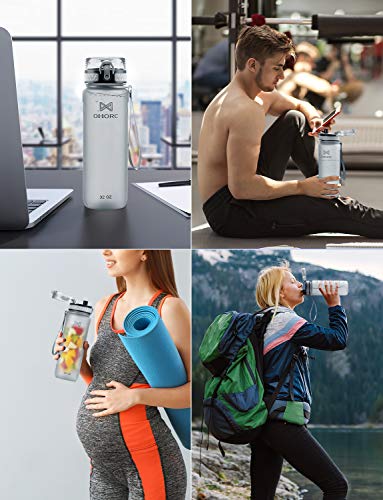 OMORC Sports Water Bottle with time marker-32oz, Fruit Infuser BPA Free Tritan Plastic Drinking Bottle with Locking Flip Lid, One-Handed Open Fitness Workout Water Bottle with Filter-Grey