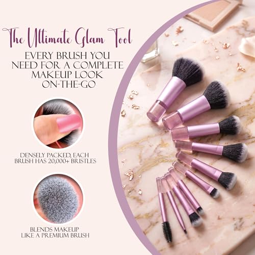 Image of GLUN 10in1 Diff Use Mini Makeup Brush Set, Travel Transparent Pink Professional Brushes for Foundation, Concealer, Blush, Highlighter & Eye Makeup
