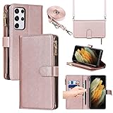 Jaorty for Samsung Galaxy S21 Ultra 5G Wallet Case with S-Pen Slot Holder,[9 Card Slots] Removable Adjustable Crossbody Necklace Lanyard Shoulder Strap Zipper Magnetic Leather Case,6.8 inch Rosegold