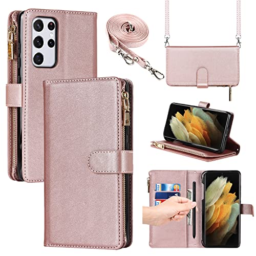 Jaorty for Samsung Galaxy S21 Ultra 5G Wallet Case with S-Pen Slot Holder,[9 Card Slots] Removable Adjustable Crossbody Necklace Lanyard Shoulder Strap Zipper Magnetic Leather Case,6.8 inch Rosegold