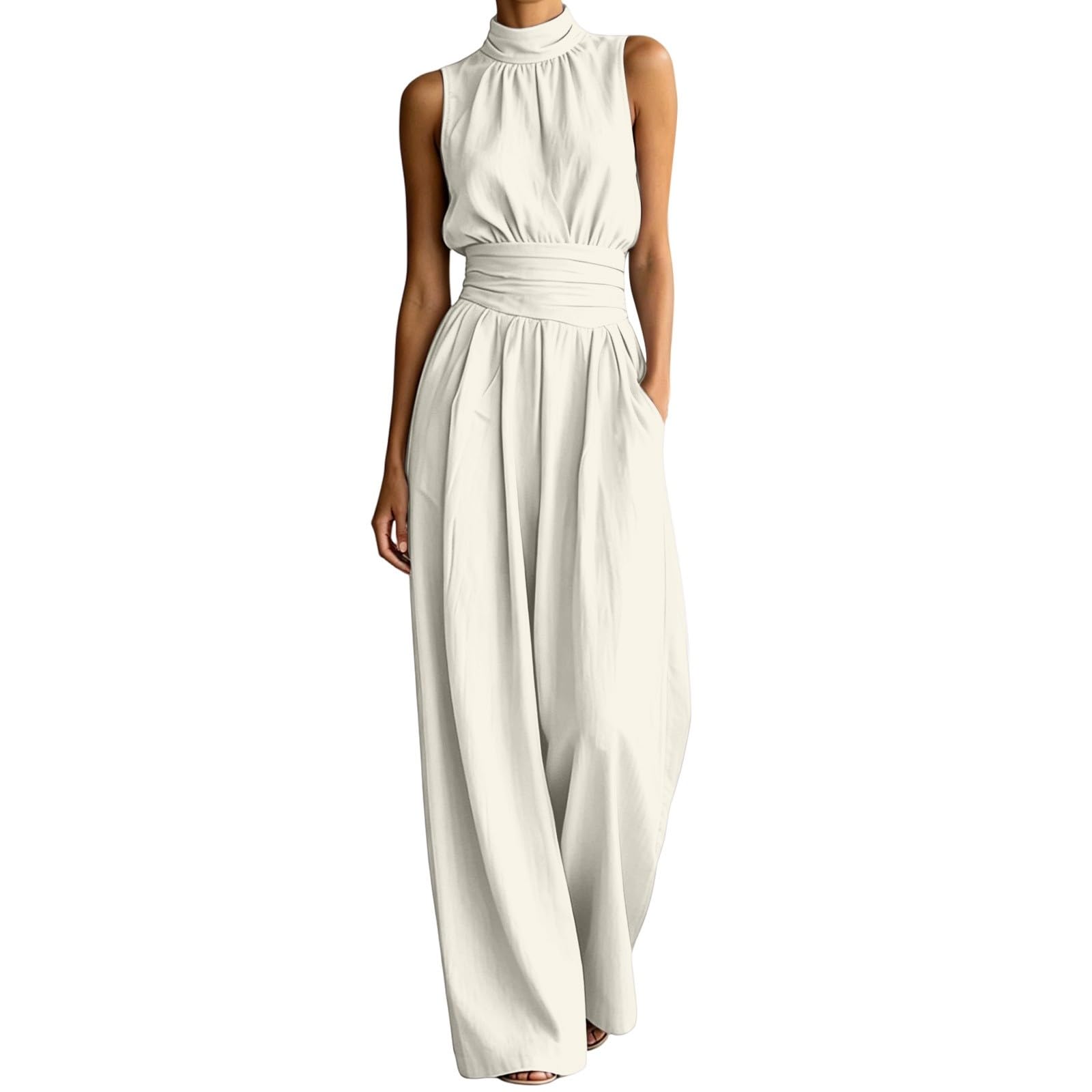 Mono para mujer, elegante, de verano, largo, con cuello en V | Mono Con Bolsillos De Cintura Alta Una Una Una Pieza De Pierna Ancha Playsuit, Ligero Transpirable Peleles Para Boda Festivo