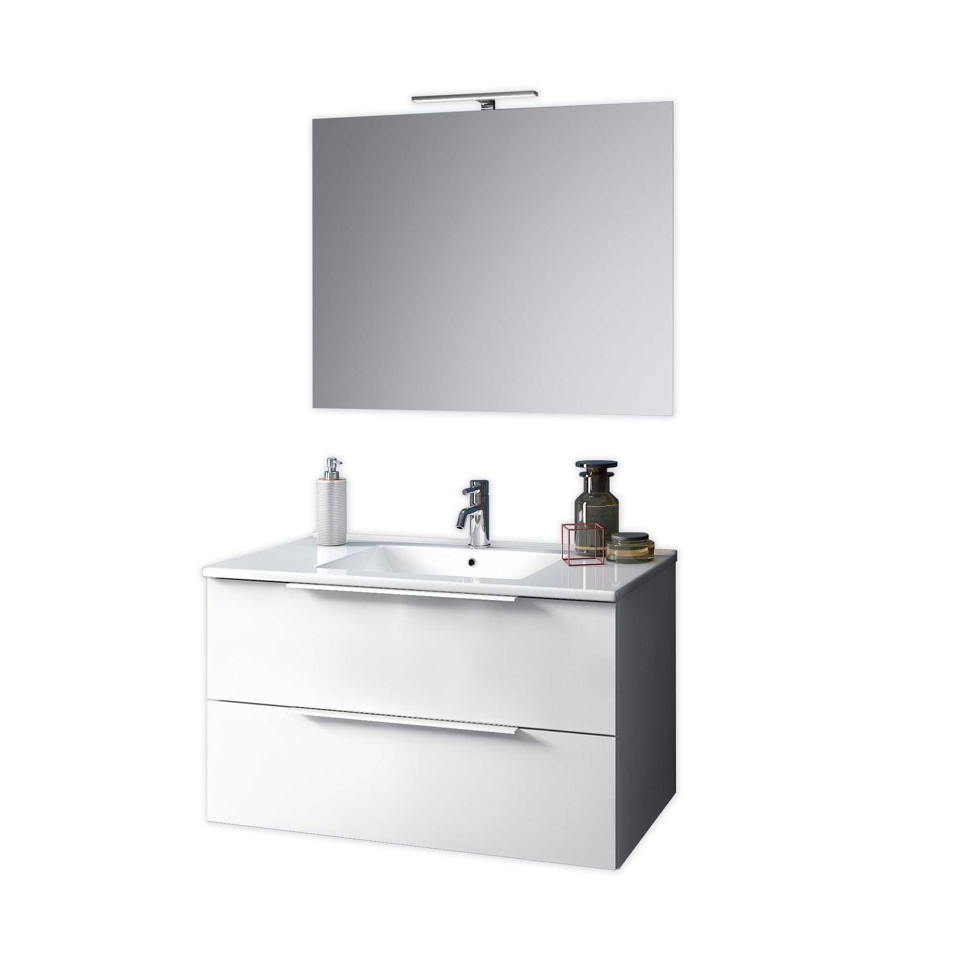 AQA DESIGN accessori casa composizione 4 pezzi bagno, base sospesa in melaminico antigraffio, nr2 cassetti con scorrimento e chiusura soft close, nr1 - Bianco - 81x46,5x190 cm