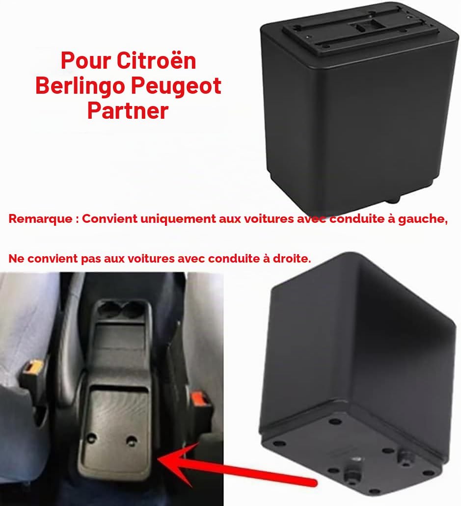 Accoudoir Voiture pour Citroen Berlingo 2010-2020 | Espace de Stockage à Deux Niveaux, Porte-boissons, Montage Facile, Accoudoir de Voiture Réglable, Cuir PU, Ligne Noire