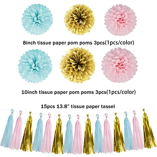 Image of Gender Reveal Decorations Blue Pink - 23pcs Tissue Paper Flowers Pom Poms Boy Or Girl Banner Tassel Garland Streamers Baby Party Supplies Gender Reveal Theme Gold Hanging Decor Ideas