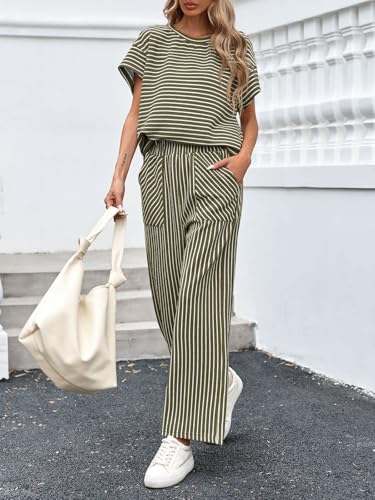 Image of Tankaneo Womens Striped 2 Piece Sets Short Sleeve T Shirts Wide Leg Pants Matching Lounge Set with Pockets