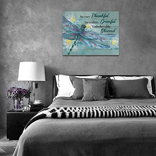 Green Dragonfly Wall Art Dragonfly Lotus Flower Canvas Painting Prints Farmhouse Bathroom Pictures For Wall Thankful Grateful Blessed Modern Artwork Decor For Bathroom Bedroom Living Room 16"X12" #TOP4