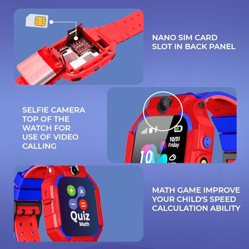 Image of GameSir Kids Smartwatch for Boys & Girls, Men & Women, Sim Card Support, Location Tracker /GPS System, Music Player, Camera, Video,Notification, Alarm, Waterproof, Calling Smart Watch-Red