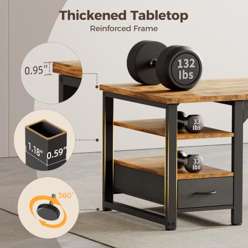 Image of Mericonia 54 in Computer Desk with Drawer, 1 inch Thick Reversible Office Desk | Large Modern Writing Table with Storage Shelves, Heavy Duty Industrial Executive Desk for Home Bedroom Study Work