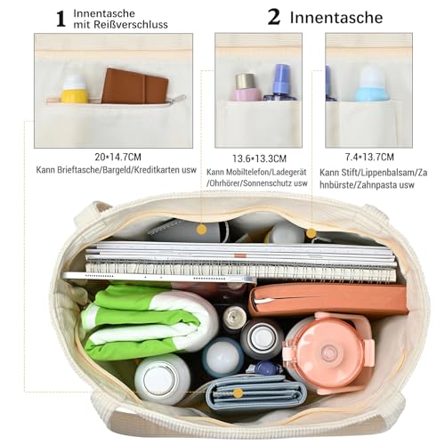 benpen Cord Uni Tasche Shopper Damen,Beige Schule Handtasche Groß Schultasche Umhängetasche Tote Bag Unitasche Arbeitstasche mit Reißverschluss Fächern,Geschenk für Sie Damen
