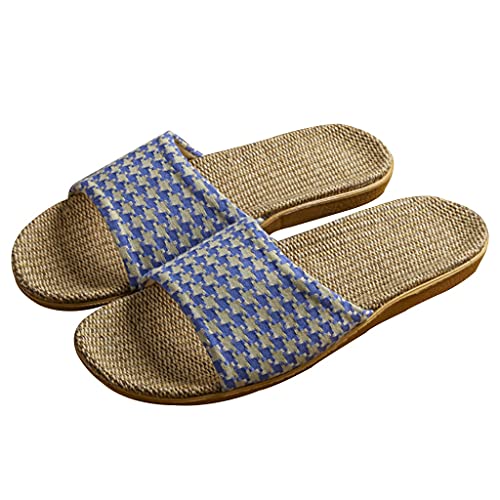 Slippers for Women Linen Beach Shoes Sandals with Bow Skidproof Indoor Slippers for Summer Men Flip Flops Sweat-Absorbing and Breathable Slippers Open Toe Sandals (Color : Blue1, Size : EUR37-38)