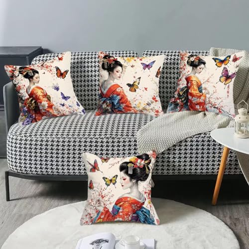 Kissenbezug Outdoor Wasserdicht Sofakissen Geisha Schmetterling Quadratisch Weich Dekokissen Sommer Kissenhülle Mit unsichtbarem Reißverschluss für Sofa Wohnzimmer Balkon Garten Kissen 40 x 40 cm R140 – Bild 5