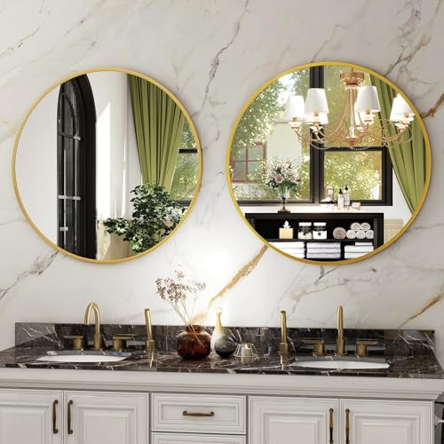 Image of HARRITPURE 28 inch Round Mirror - Gold Bathroom Mirror Circle Wall Mirror with Brushed Aluminum Alloy Frame Modern Decor for Living Room, Vanity, Bedroom, Entryway