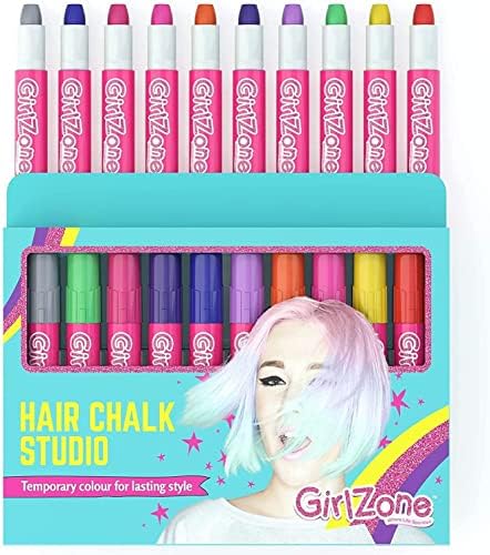 GirlZone Hair Chalk Set For Girls - 10 Piece Temporary Hair Chalks Color - Girl Toys For Girls Ages 8-12 - Birthday Gifts For Girls - Gifts For 7 8 9 10 11 Year Old Girls - Girls Toys 8-10 Years Old