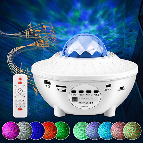 LED Sternenlicht Projektor, Sternenhimmel Projektor Fernbedienung Nachtlicht, Rotierende Wasserwellen Projektionslampe mit Bluetooth und Musikplayer