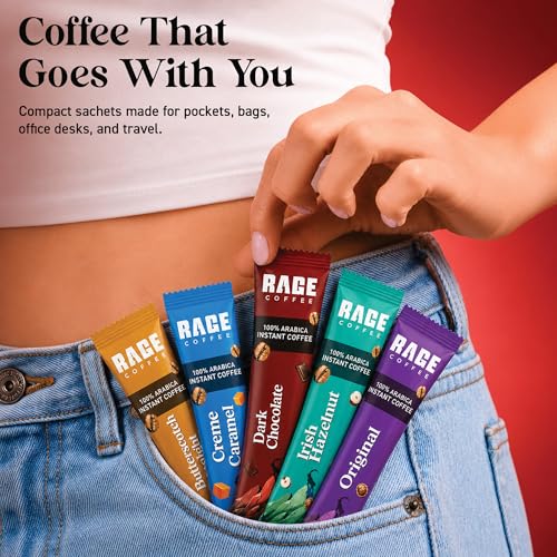 Image of Rage Coffee Instant Freeze Dried Coffee Sachets (Pack of 10) - 5 Flavours (Irish Hazelnut, Cream Caramel, Dark Chocolate, Original, Butterscotch Delight) - 2g Single-Serve Arabica Coffee Sachets | Quick Hot & Cold Brew