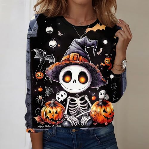 Halloween Shirts for Women Long Sleeve Plus Size Fashion Crewneck Comfortable Tshirts Halloween Costumes for Women