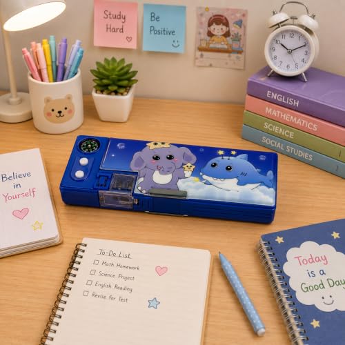 Image of ZAFCO Magnetic Plastic Pencil Box for Kids with Pop-Up Tray Built-in Compass Sharpeners Spacious Storage Pencil Case for Boys & Girls School Students -Pack of 1 (Blue Random)