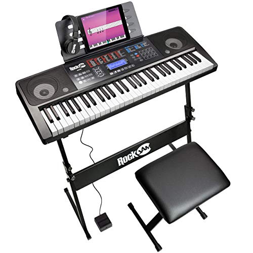 RockJam RJ761 61 Key Electronic Interactive Teaching Piano Keyboard with Stand, Stool, Sustain Pedal and Headphones (RJ761-SK) (Renewed)
