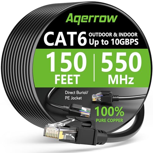 Aqerrow Cat6 Ethernet Cable 150FT Outdoor Direct Burial Cat 6 Cable 24AWG High Speed Up to 10Gbps 550MHz LLDPE (PE) UV-Resistant Waterproof RJ45 Network Internet Cable with 60 Ties for Router Black
