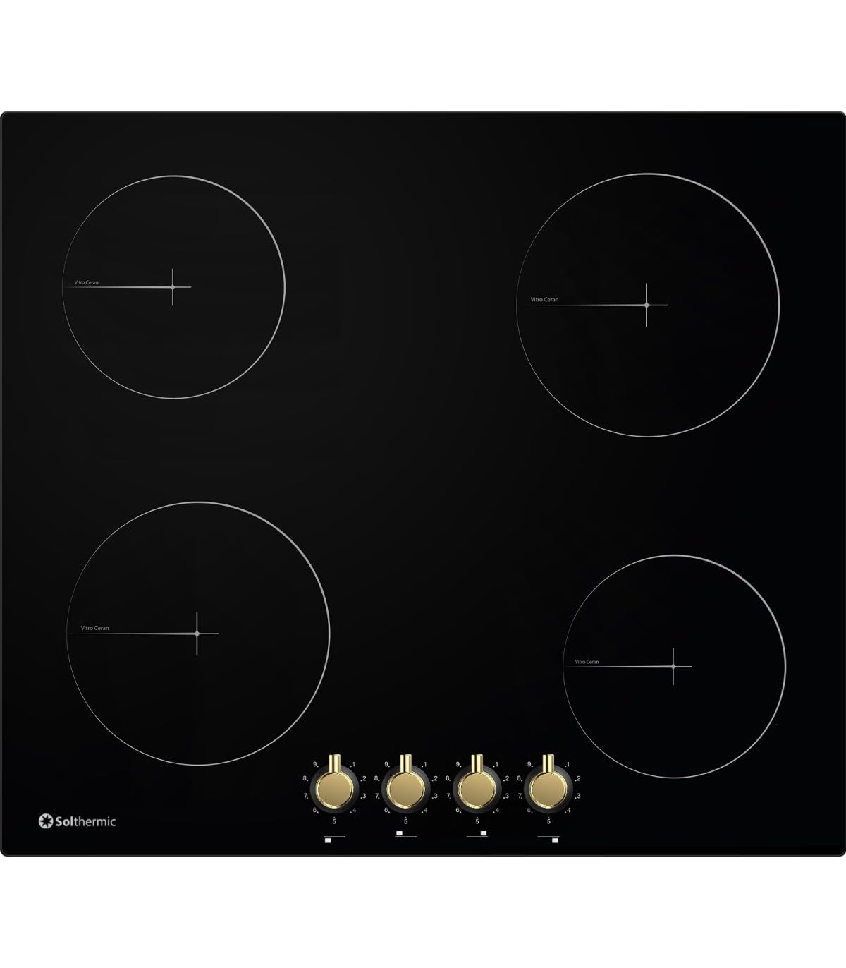 SOLTHERMIC PLACA VITROCERAMICA NEGRA RUSTICA CON MANDOS DORADOS PVTC60 CON 4 FUEGOS / 2 ZONAS GRANDES 1800W / 2 ZONAS MEDIANAS 1200W / 9 NIVELES DE CALOR/ALTA GAMA/MANDOS FISICOS