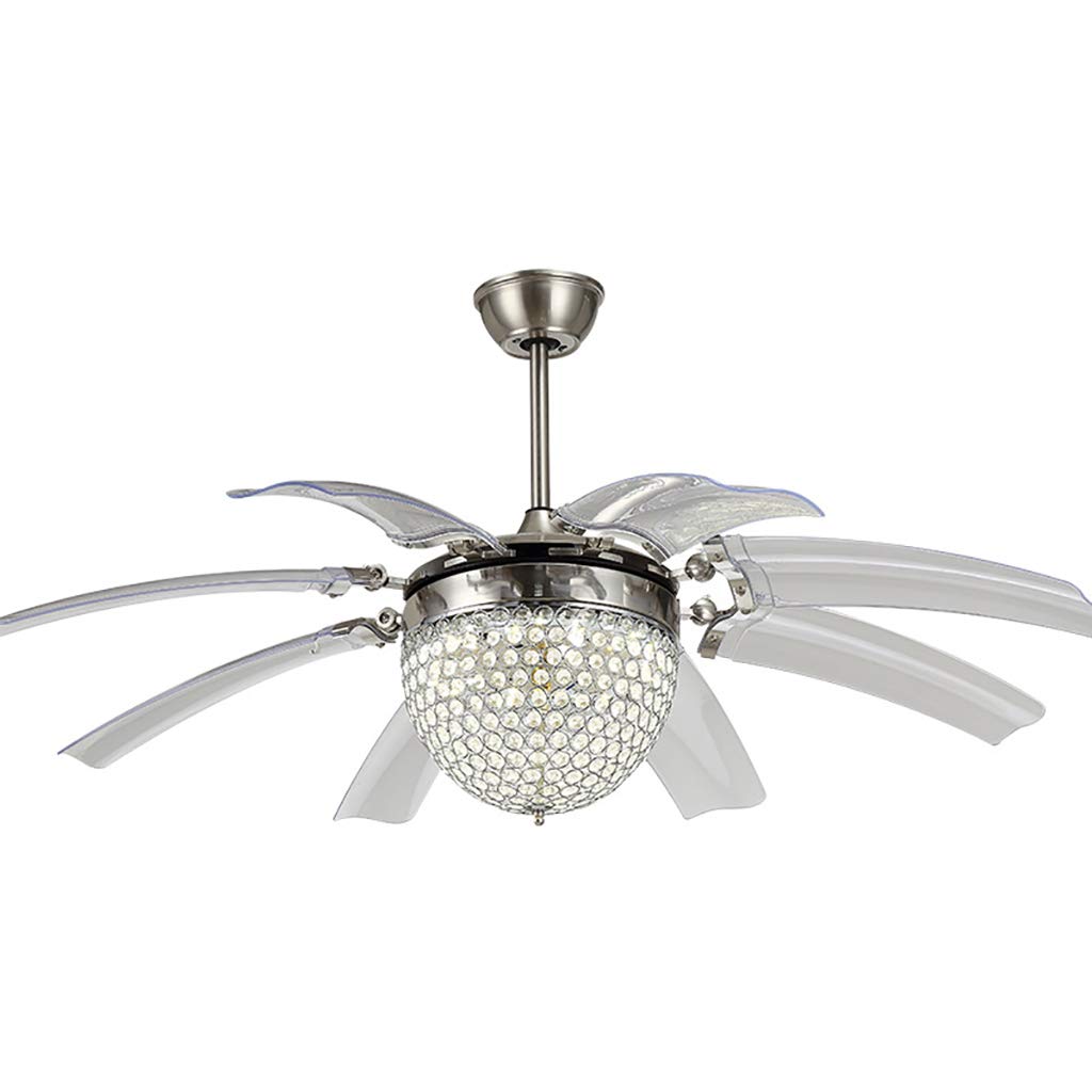 Modern Ceiling Fan with Led Lights Fashion 48-Inch Blades Transparent 8-Leaf Folding Chrome Invisible Ceiling Fan Crystal Chandelier for Bedroom Fan Lamp Fixture