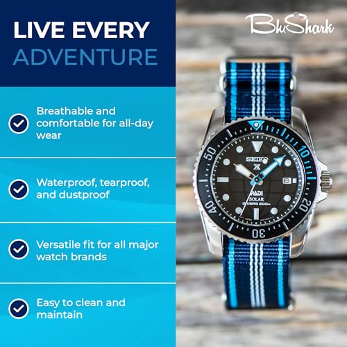 Image of BluShark - Original Collection Military-Style Waterproof Watch Strap, Fits All Timepiece Brands, Durable Nylon Wristwatch Accessories with Stainless Steel Buckle - 18mm, 20mm, 22mm & 24mm Watch Bands
