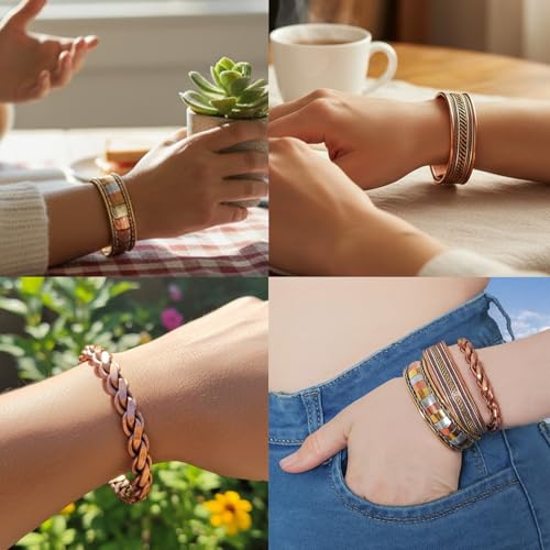 Image of Touchstone copper bracelets | gift for men women |adjustable 100% pure solid real magnetic jewelry | handmade bracelet set combo | rope braided tibetan bangles.