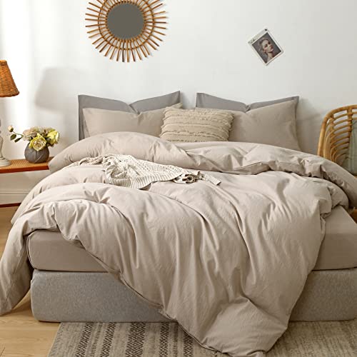 MooMee Bedding Duvet Cover Set 100% Washed Cotton Linen Like Textured Breathable Durable Soft Comfy (Heathered Taupe, King 104