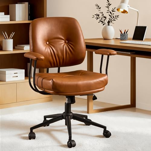 Image of ovios Ergonomic Office Chair, Mid Back Faux Leather Executive Chairs with Thick Cushion, Comfy Mid-Century Modern Swivel Rolling Computer Armchair (Brown, PU Leather)