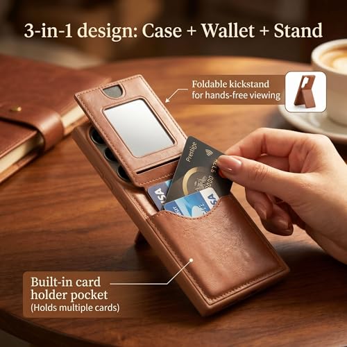 Image of amazon basics Premium Vegan Leather Back Cover with Card Holder and Integrated Mobile Stand for Samsung Galaxy S24 Ultra 5G - Slim Shockproof Wallet Case with Geometric Stitching [Tan]