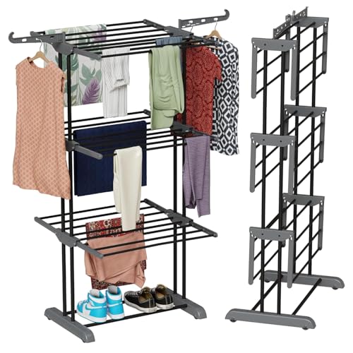 Image of TEKCOOL Foldable Cloth Drying Stand Stainless Steel - 3 Tier Heavy-Duty Clothes Dryer for Balcony, Indoor & Outdoor Use | with Wheels & Hanger Slots | Rust-Proof Laundry Rack (Grey, 3 TIRE):;