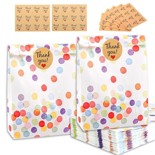 50 Bolsas de Regalo para Fiestas Infantiles, Bolsitas de Papel Resistente al Aceite con Stickers, Bolsas de Cumpleaños con Puntos Coloridos para Bodas, Fiestas, Picnics y Camping