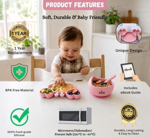Image of JAAIP Silicone Baby Feeding Set - Suction Plate, bib, Fork, Bowl and Spoon for Products 6 to 12 Months Babies Spoons with Plates for Eating (Pink)