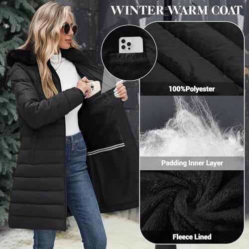 Women's Winter Puffer Coat Fleece Lined Thicken Jacket Mid-Length Hooded Waterproof Down Parka with Detachable Hood4