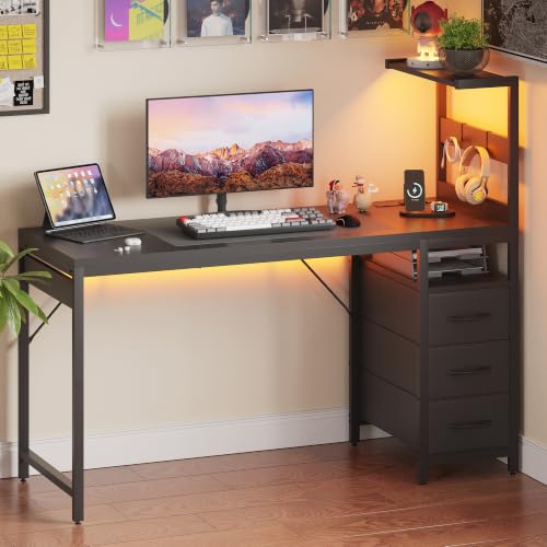 Image of YOUDENOVA 48 Inch Gaming Computer Desk with Led Lights, Small Desk with Storage Shelves and Drawers, Reversible Compact Gamer Table for Home Office, Black