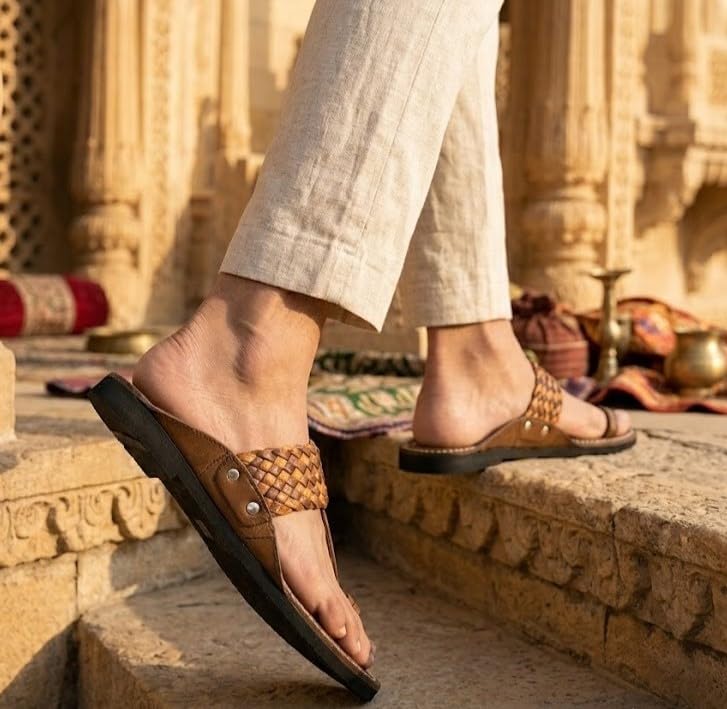 Image of Agadi Men's Kolhapuri Style Sandals | Handcrafted Woven Strap Toe Ring Chappals | Comfortable Ethnic & Casual Slip-On Footwear for Men
