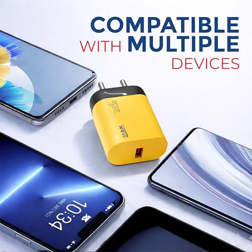 Image of MAK 18W Fast Charging USB Wall Charger 2.4A with USB to Type-C Cable, Compatible with Android Smartphones, Tablets & Type-C Devices, Safe & Reliable Power Output, Yellow