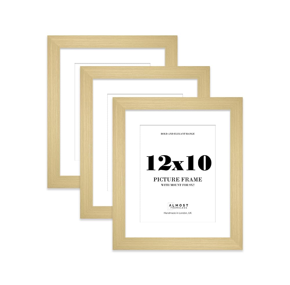12x10 Gold Frame With Mount for 9x7 Pictures 28mm Edge Portrait and Landscape Display with Wall Hooks and Kickstand, 3 Pack