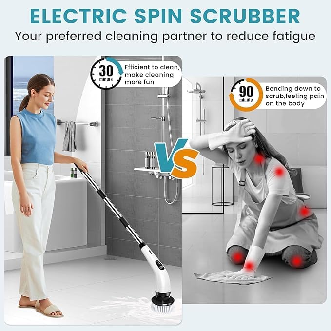 Red-Rubby Electric Spin Scrubber,Cleaning Brush Scrubber for Home, 400RPM/Mins-9 Replaceable Brush Heads-90Mins Work Time,Adjustable Size,2 Adjustable Speeds for Bathroom Shower (White) 2