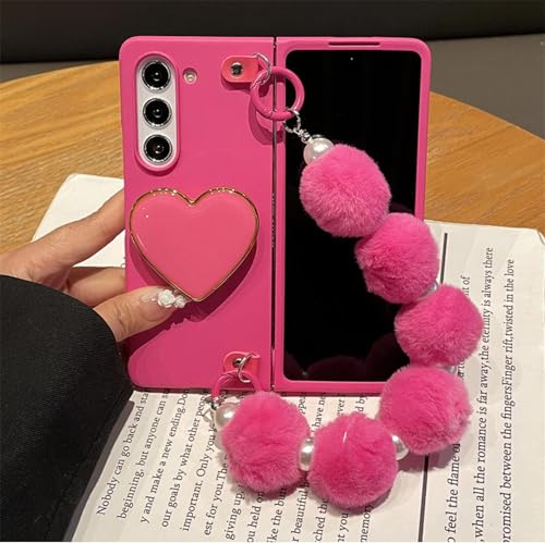Étui Z Fold 6 rose rouge avec bracelet perles et boule peluche