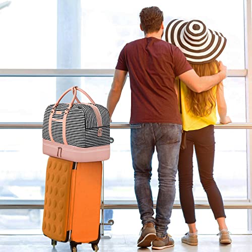 Image of Weekender Bag for Women, Large Overnight Bag Canvas Travel Duffel Bag Carry On Tote with Shoe Compartment 21 inch 3Pcs Set, A07-pink+black & white stripes, Large, Practical