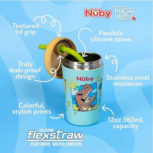 Image of Nuby Thirsty Kids Flexstraw Stainless Steel Insulated Toddler Cup - 12 oz | Leak-Resistant Silicone Straw - Easy-Clean Valve and Capacity - Travel Cup - Dinosaurs