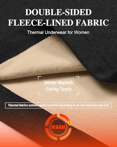 HeliosCloak 2 Sets Thermal Underwear for Women Long Johns With Double-Sided Fleece Lined Long Sleeve Top & Bottom Base Layer Cold Weather Black/Grey L