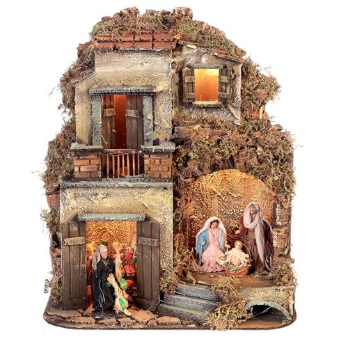 Holyart Tenement Nativity Stalls 25x30x25 Neapolitan Nativity Scene h. 8 cm, with figurinesDepth: 25 cm|Statues Height: 8 cm|Width: 29 cm|Height: 27 cm