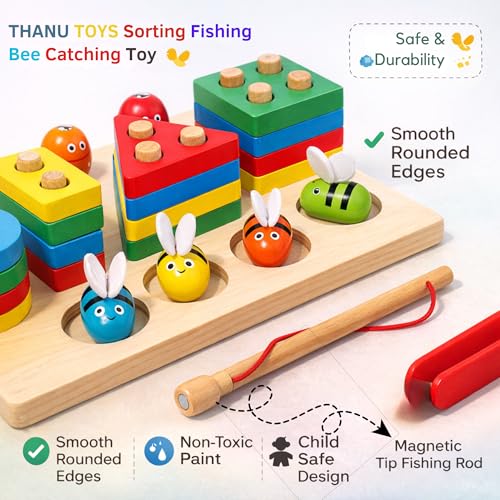 Image of 4 in 1 Wooden Fishing, Bee Catching, Shape Sorting & Stacking Toy | Montessori Magnetic Learning for Brain Development & Fine Motor Skills for Kids 1-5 Years