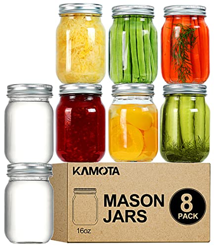 KAMOTA Mason Jars 16 OZ With Regular Lids and Bands, Ideal for Meal Prep, Jam, Honey, Wedding Favors, Shower Favors, Baby Foods, DIY Magnetic Spice Jars, 8 PACK, 10 Whiteboard Labels Included