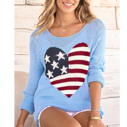 Image of Women American Flag Sweater Loose Vintage USA Sweatshirt Long Sleeve Crewneck Hollow Out 4th of July Jumper