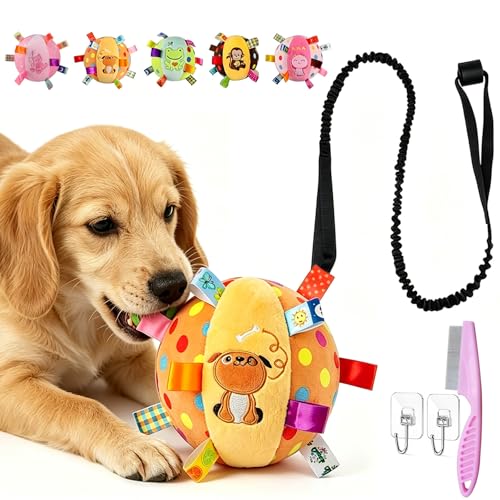 KZAER Colorful Squeaky Hanging Dog Training Toy with 60 inch Elastic Ropes Soft 6-Inch Soft Stuffed Ball with Cotton Material and Bell Built-in Squeaky Hanging Dog Toy Durable Pet Toy (Dog)